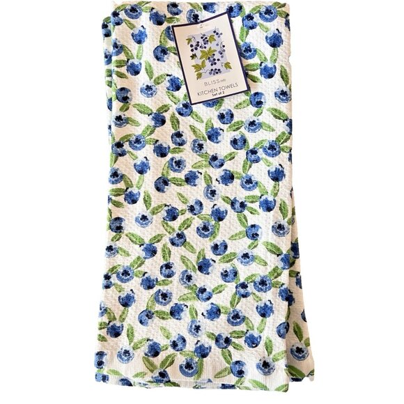 NEW Set 2 Kitchen Towels BLUEBERRIES Bliss Studio 100% Cotton Blue & White - Picture 1 of 6